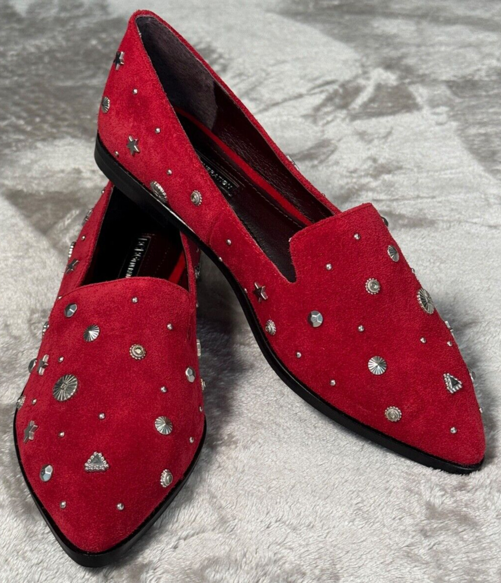 BCBGeneration Nikkola Red Suede Silver Studded Loafer Flats Womens Size 6 NEW